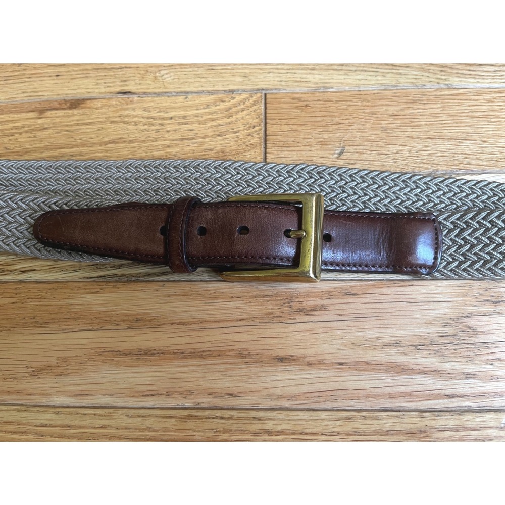 Mens Woven Stretch Belt Brown Leather Solid Brass Buckle Herringbone Braided S